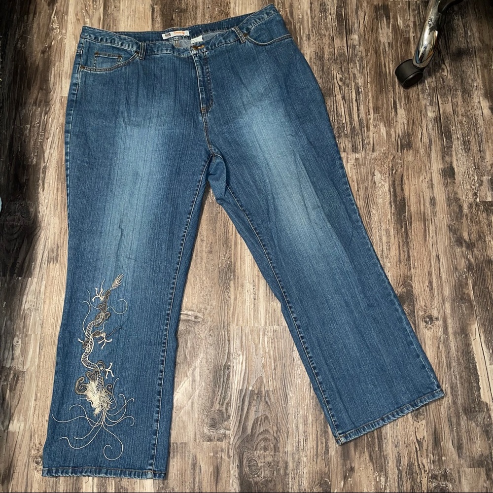 Faded Glory Woman’s:  dragon embroidered blue jeans